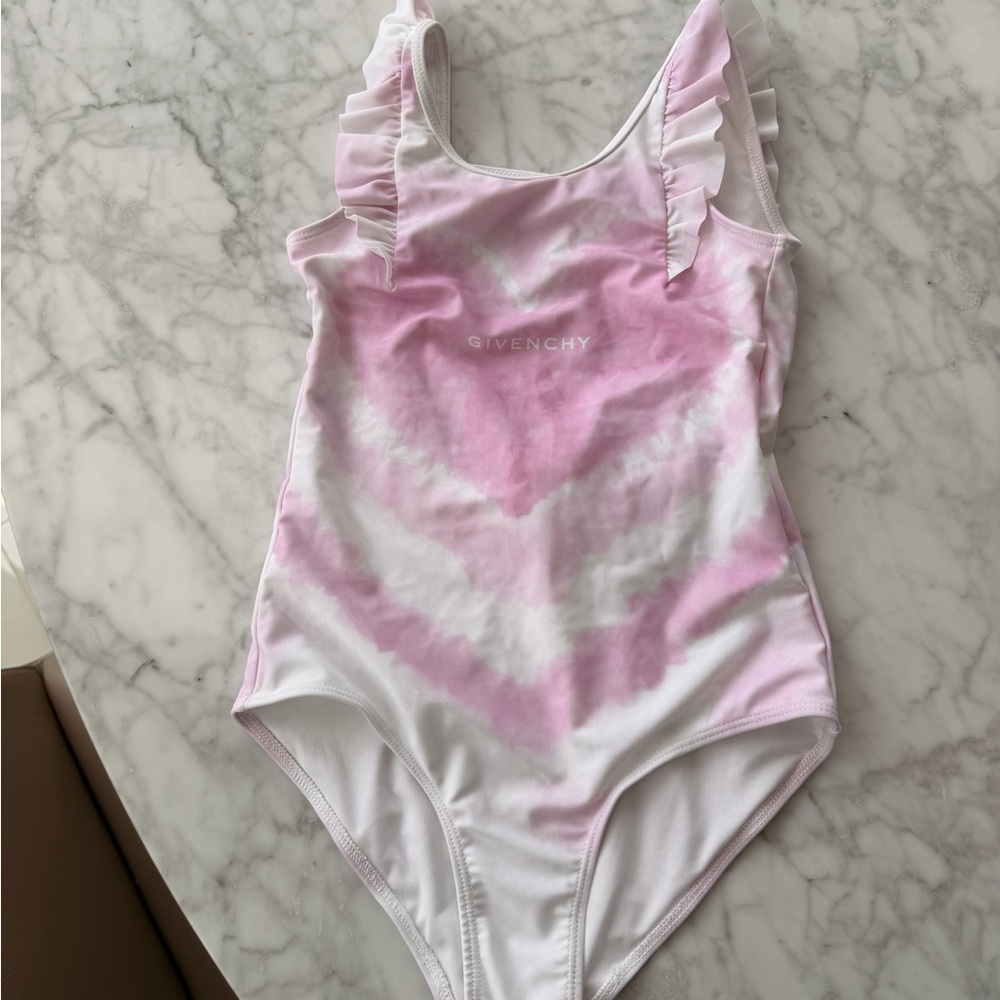 Givenchy Light Pink White Tie-Dye Ruffle Swimsuit